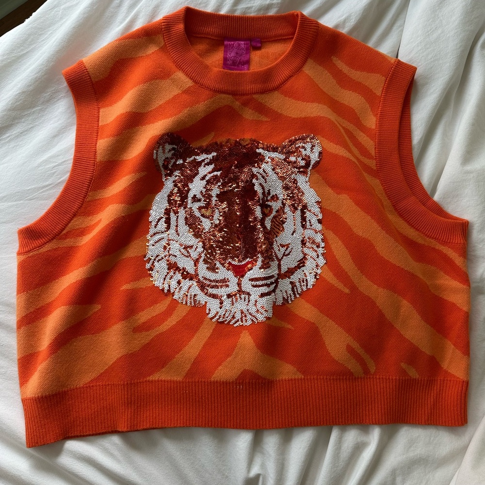 QUEEN OF SPARKLES Orange Tiger Sweater Vest